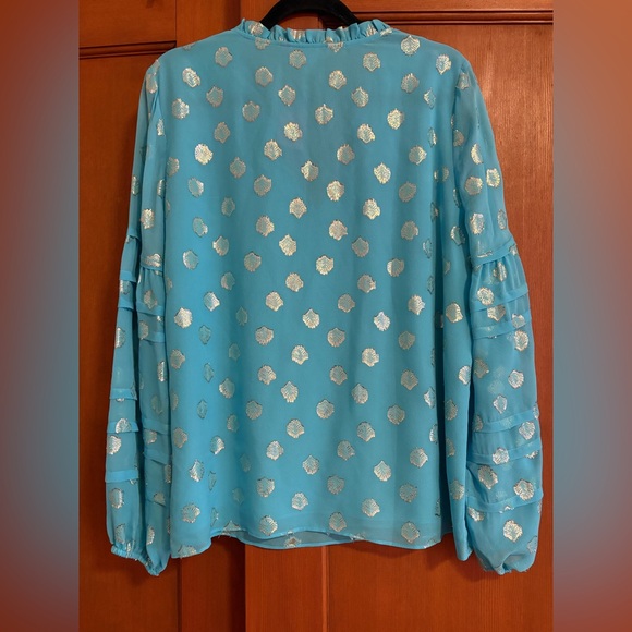 NWT! GIANA SILK TOP IN BERMUDA BLUE SEAGRASS METALLIC CLIP CHIFFON L - Picture 4 of 5